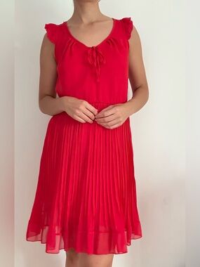 Bright Red Tie-Neck Pleated Midi Dress